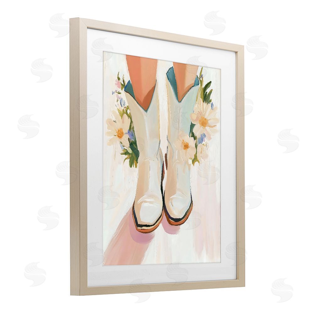 The Prints Vibe Blooming Cowgirl Boots Brown Framed Print Under Glass with Matting Wall Art