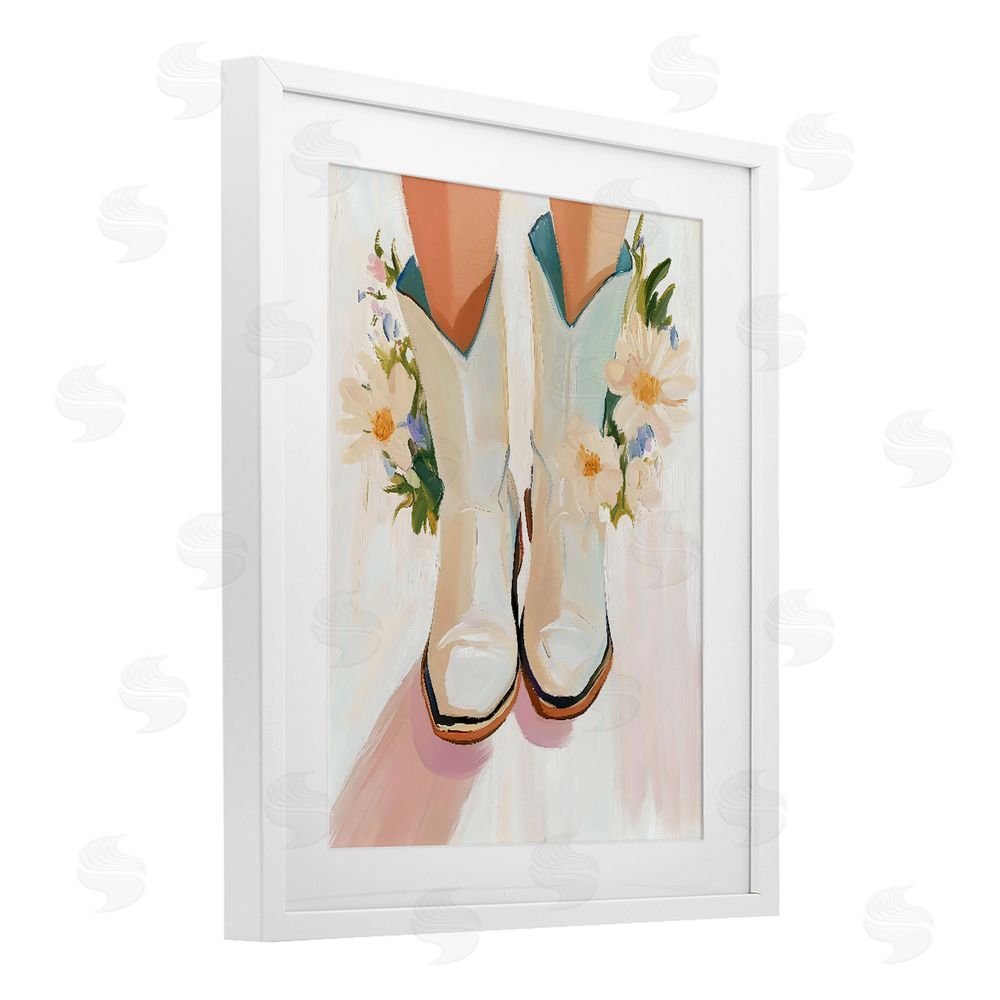 The Prints Vibe Blooming Cowgirl Boots White Framed Print Under Glass with Matting Wall Art