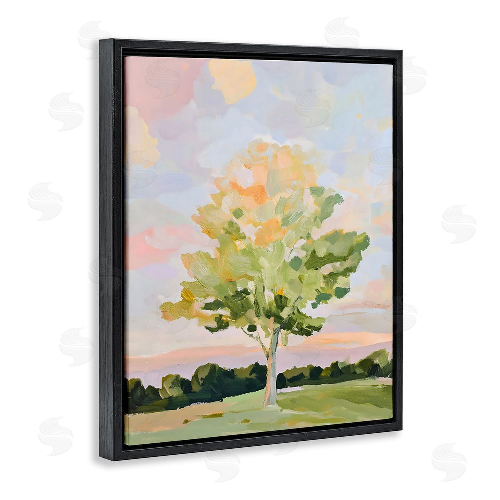 The Prints Vibe Sunlit Tree Landscape Impression Black Floating Framed Canvas Wall Art Print