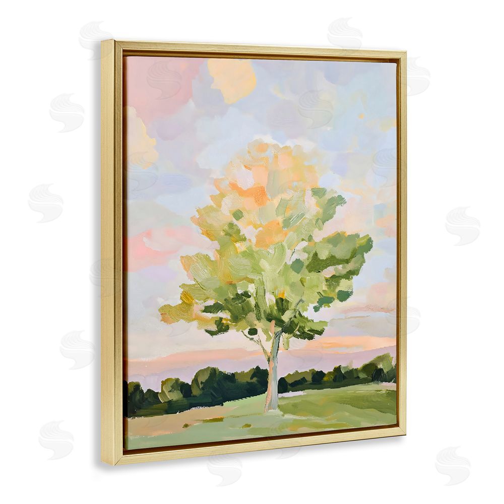 The Prints Vibe Sunlit Tree Landscape Impression Gold Floating Framed Canvas Wall Art Print