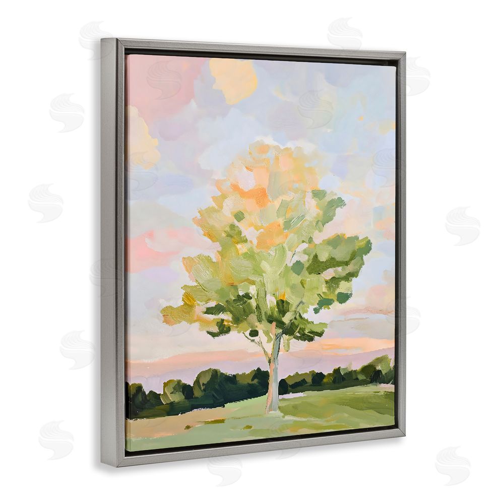 The Prints Vibe Sunlit Tree Landscape Impression Gray Floating Framed Canvas Wall Art Print