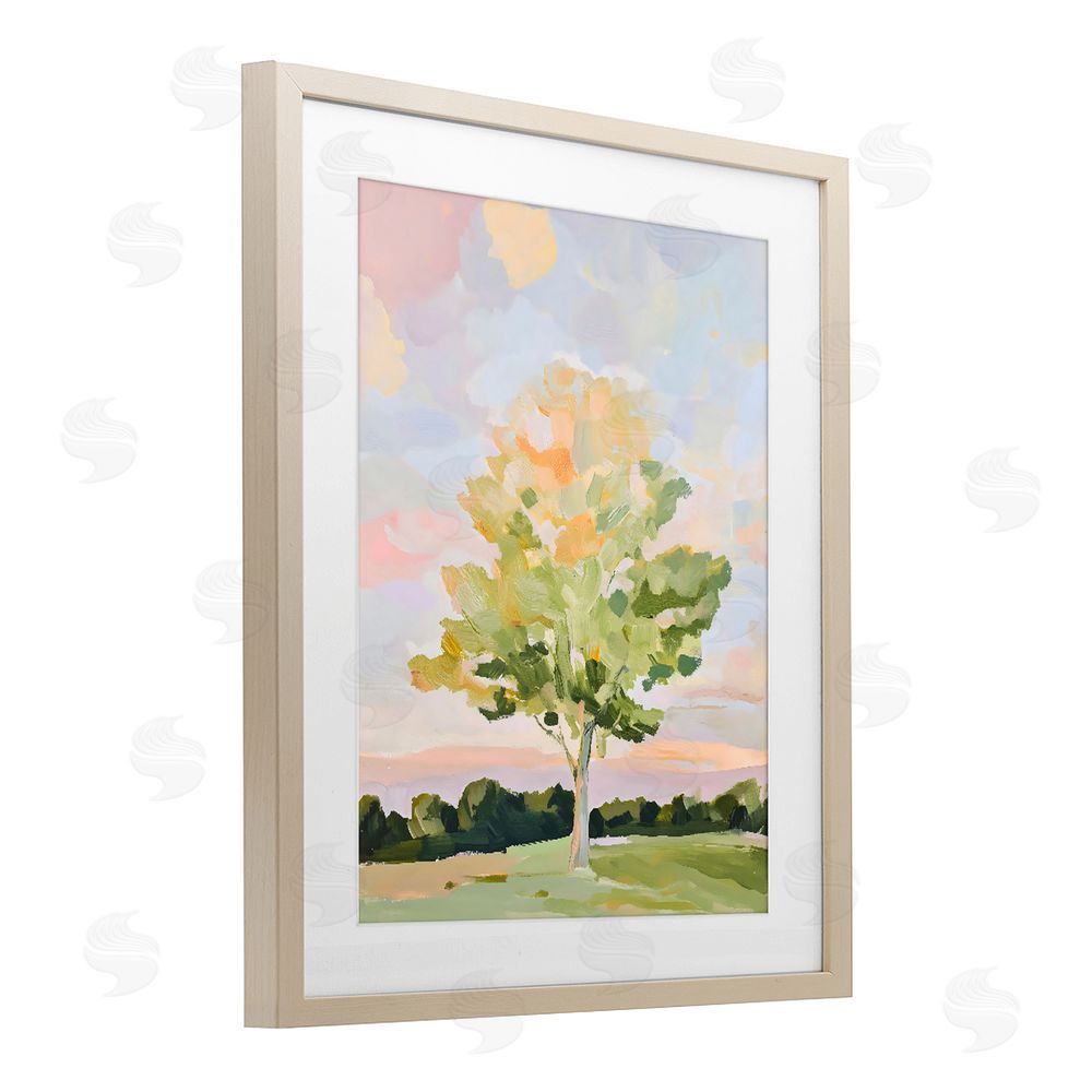 The Prints Vibe Sunlit Tree Landscape Impression Brown Framed Print Under Glass with White Mat Wall Art