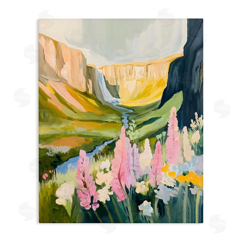 The Prints Vibe Waterfall and Valley in Bloom Stretched Canvas Wall Art Print