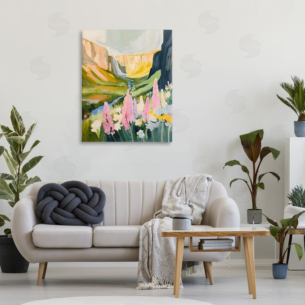 The Prints Vibe Waterfall and Valley in Bloom Stretched Canvas on Wall