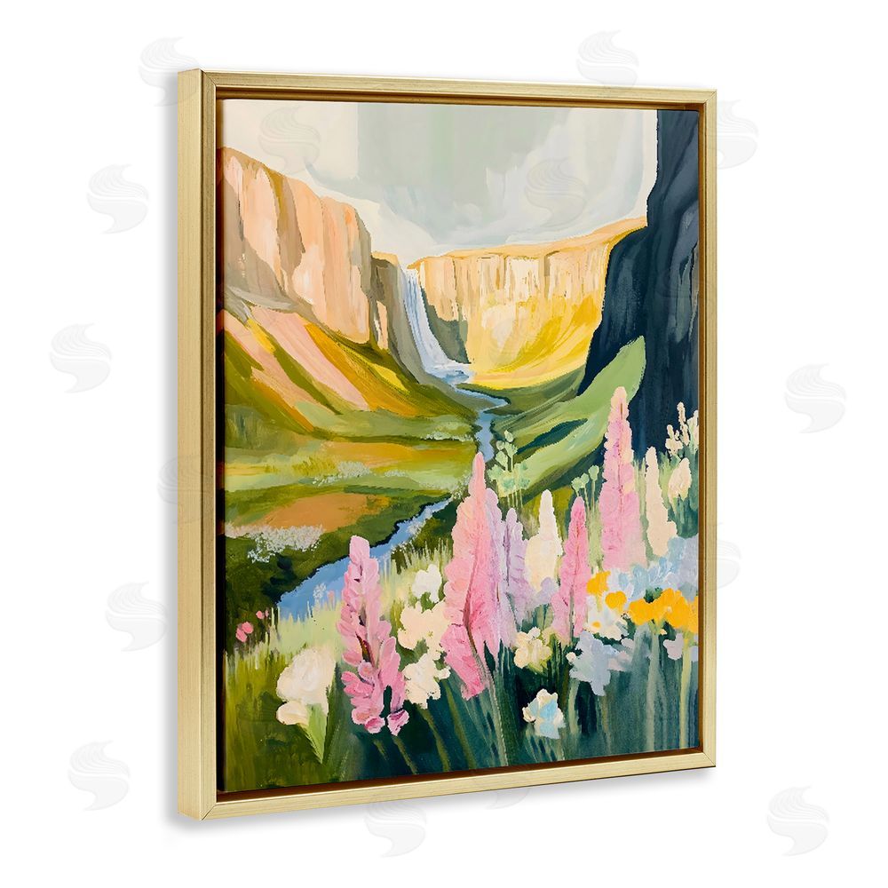 The Prints Vibe Waterfall and Valley in Bloom Gold Floating Framed Canvas Wall Art Print