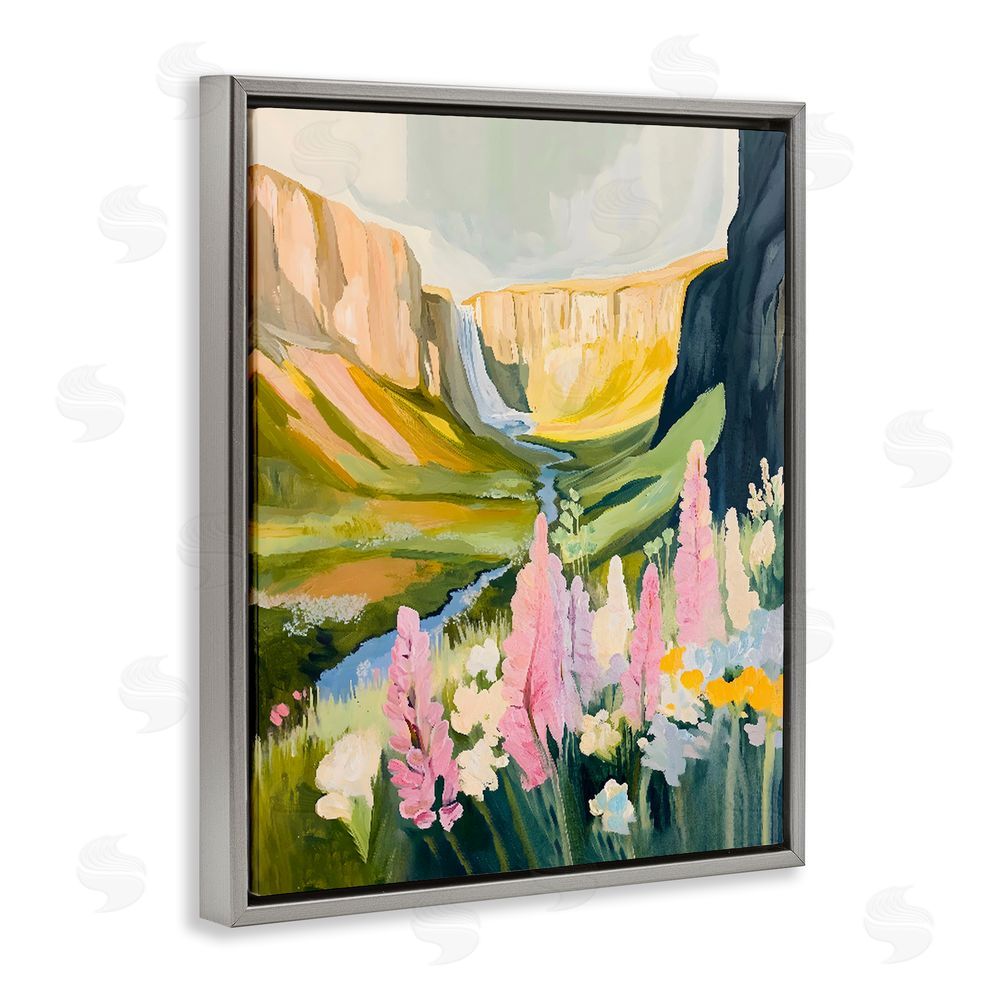 The Prints Vibe Waterfall and Valley in Bloom Gray Floating Framed Canvas Wall Art Print