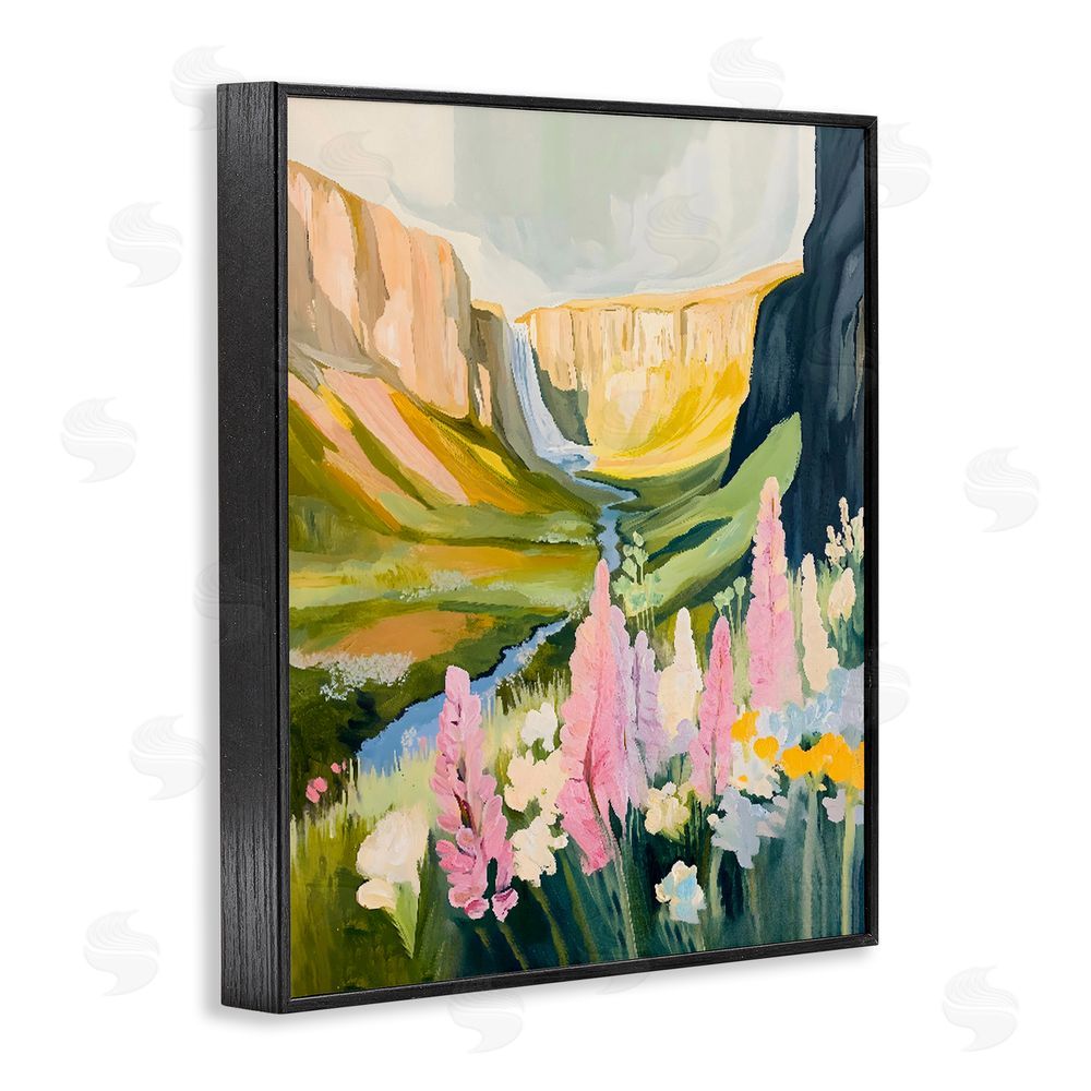 The Prints Vibe Waterfall and Valley in Bloom Black Framed Giclee Wall Art Print