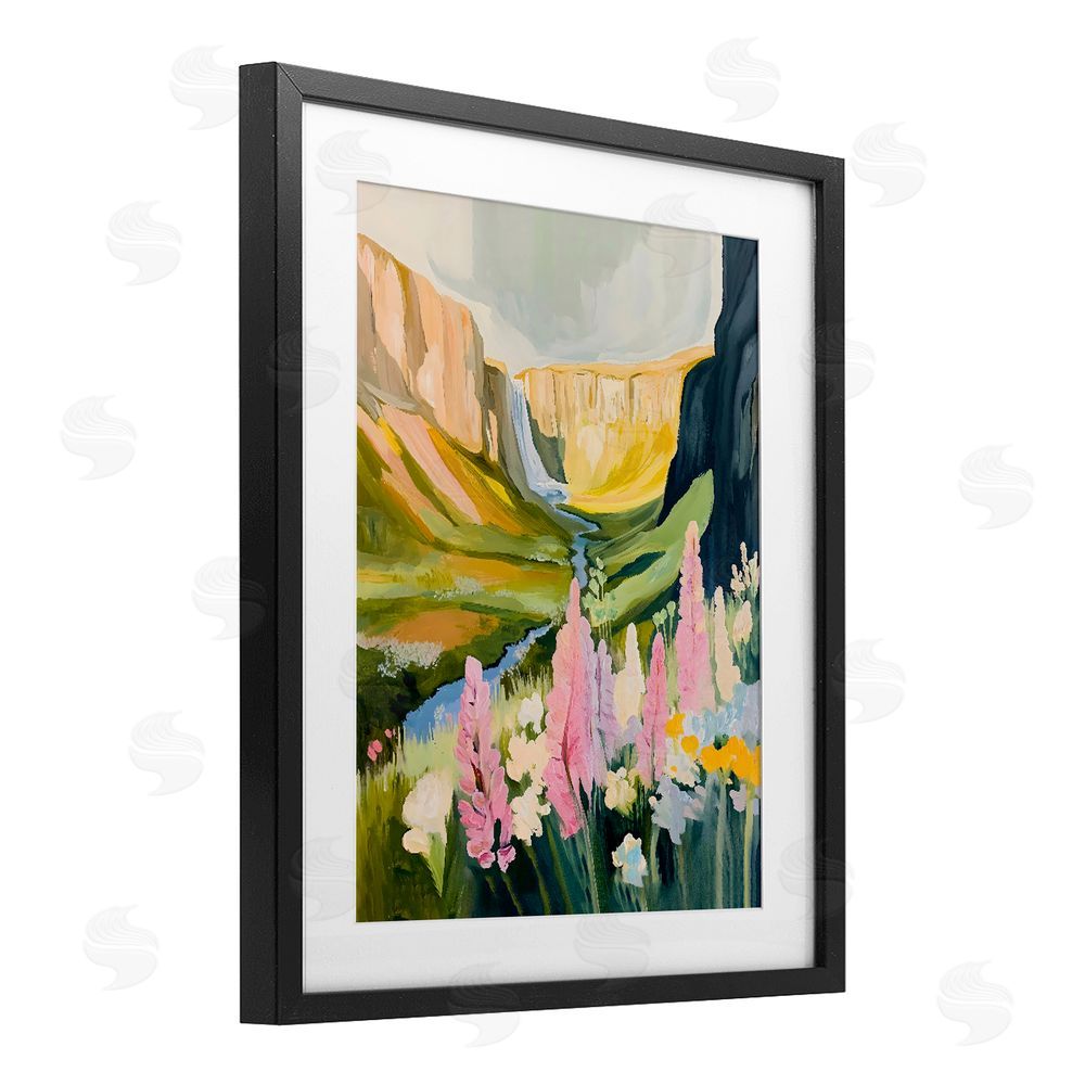 The Prints Vibe Waterfall and Valley in Bloom Black Framed Print Under Glass with White Mat Wall Art