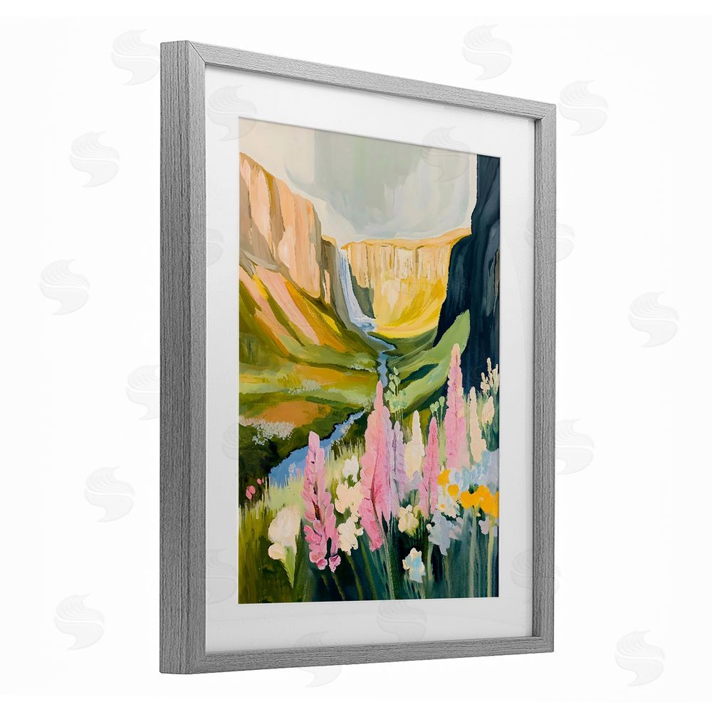The Prints Vibe Waterfall and Valley in Bloom Gray Framed Print Under Glass with White Mat Wall Art