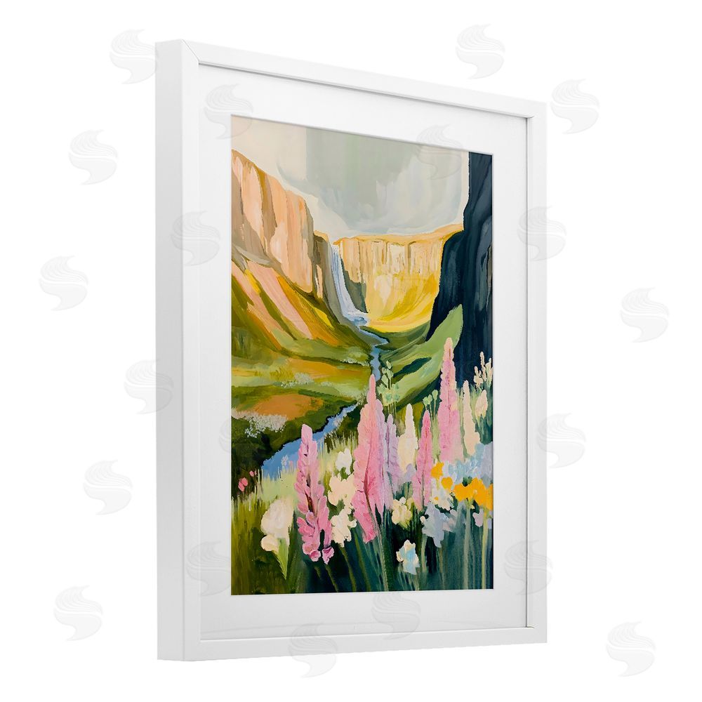 The Prints Vibe Waterfall and Valley in Bloom White Framed Print Under Glass with White Mat Wall Art