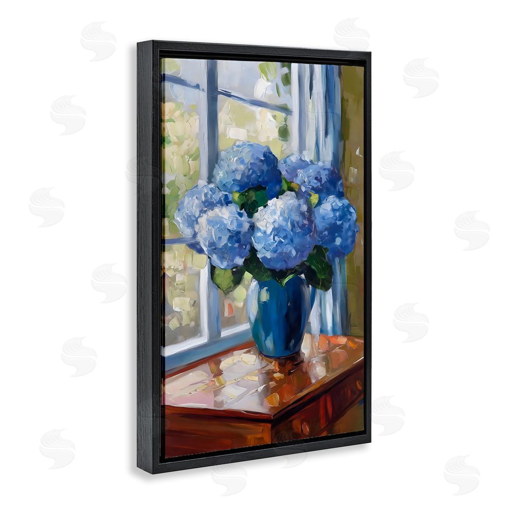 Creative Studio Winter Hydrangeas by Window Black Floating Framed Canvas Wall Art Print