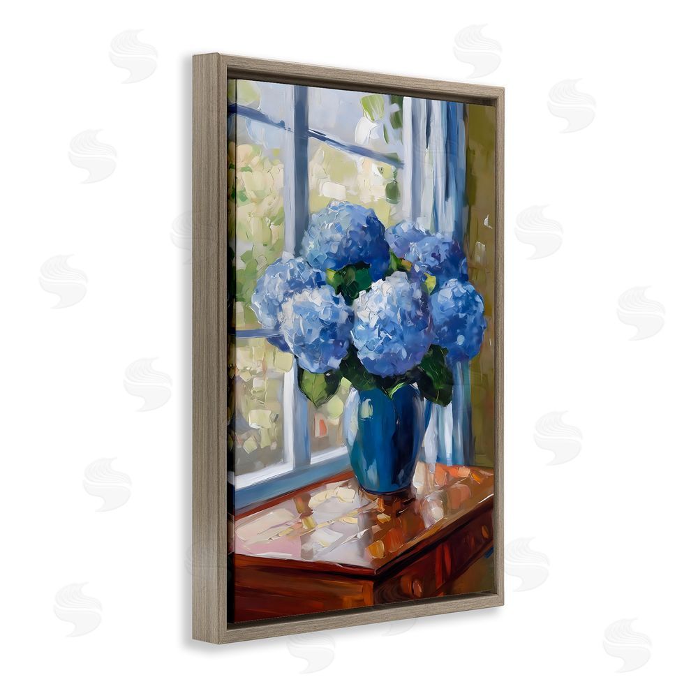 Creative Studio Winter Hydrangeas by Window Brown Floating Framed Canvas Wall Art Print