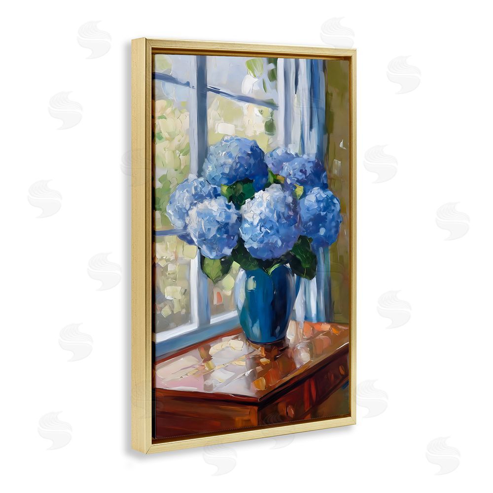 Creative Studio Winter Hydrangeas by Window Gold Floating Framed Canvas Wall Art Print