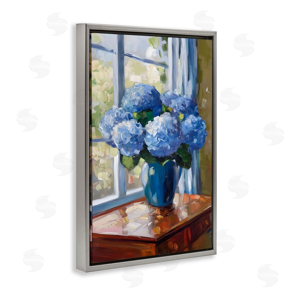 Creative Studio Winter Hydrangeas by Window Gray Floating Framed Canvas Wall Art Print