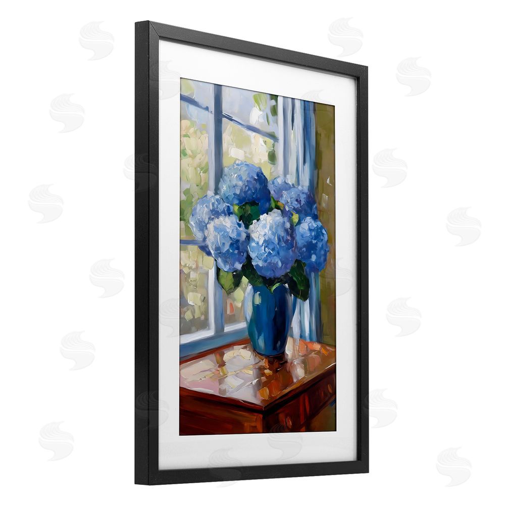 Creative Studio Winter Hydrangeas by Window Black Framed Print Under Glass with White Mat Wall Art