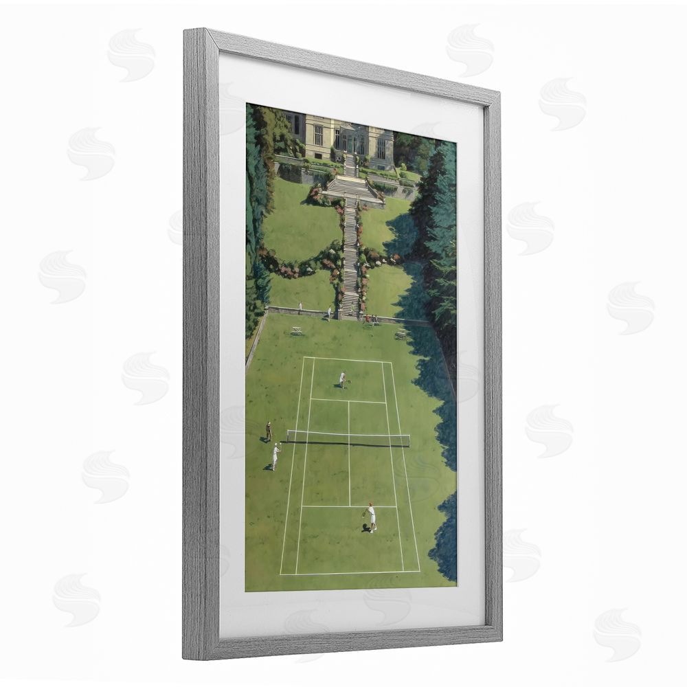 Petal Prints Design Tennis Court at Mansion Gray Framed Print Under Glass with White Mat Wall Art