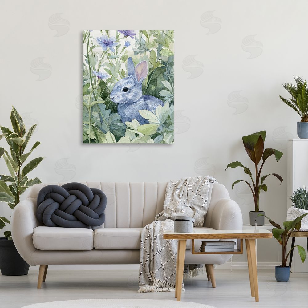 Franklyn Gregory Blue Bunny Among Leaves Stretched Canvas Wall Art Print in Room