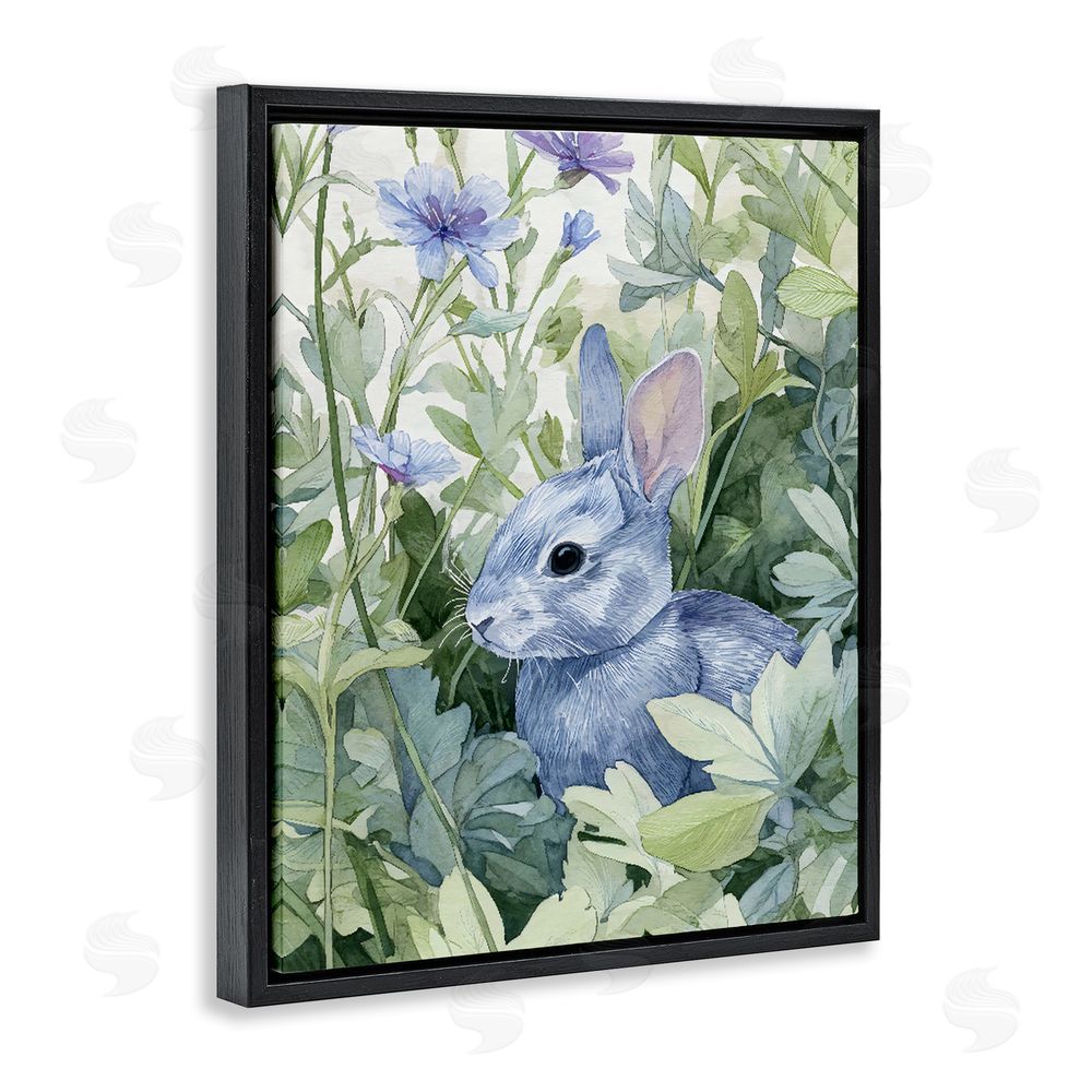 Franklyn Gregory Blue Bunny Among Leaves Black Floating Frame Stretched Canvas Wall Art Print