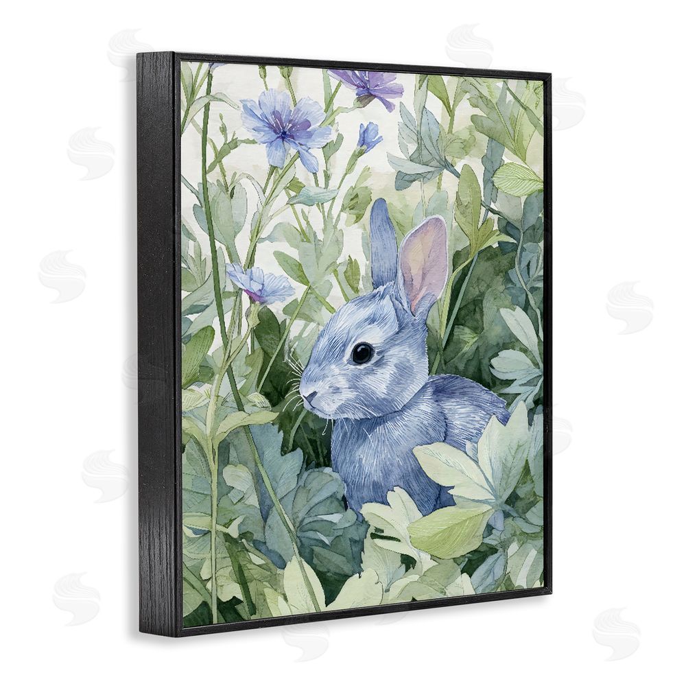 Franklyn Gregory Blue Bunny Among Leaves Black Framed Giclee Wall Art Print