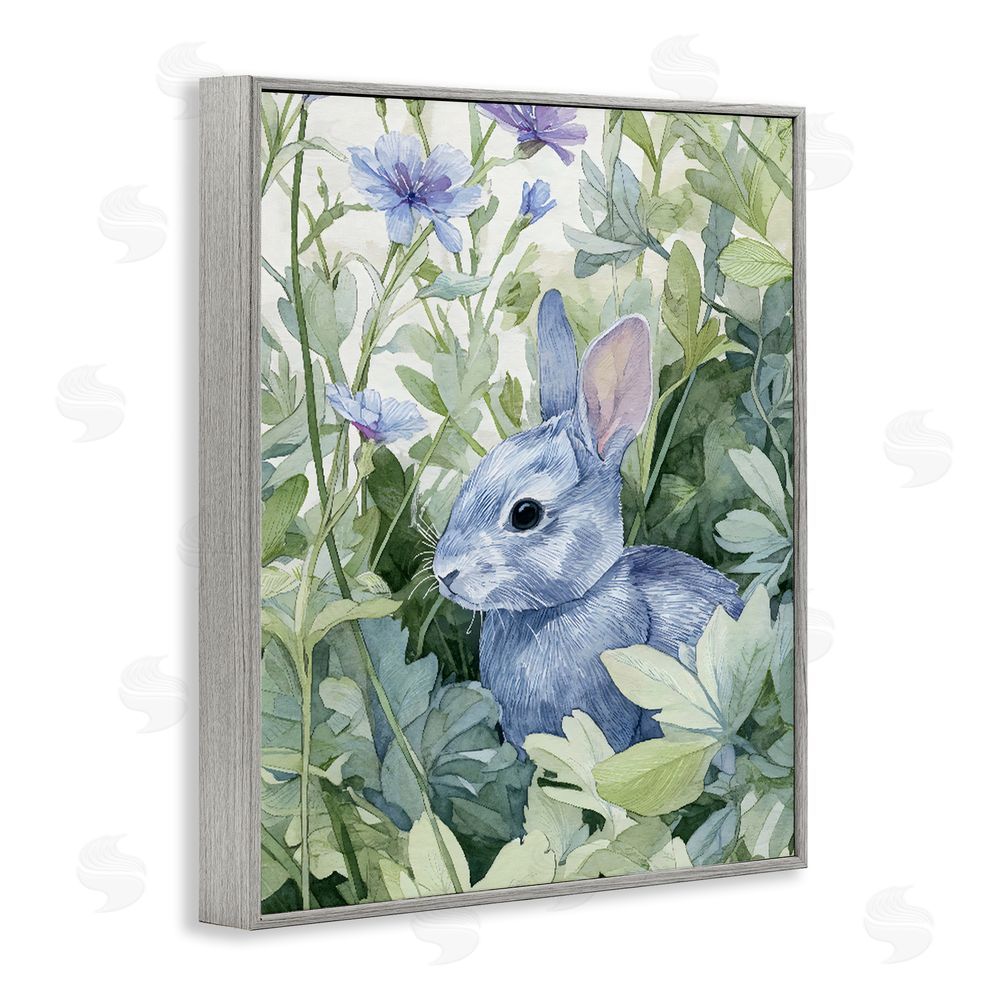Franklyn Gregory Blue Bunny Among Leaves Gray Framed Giclee Wall Art Print