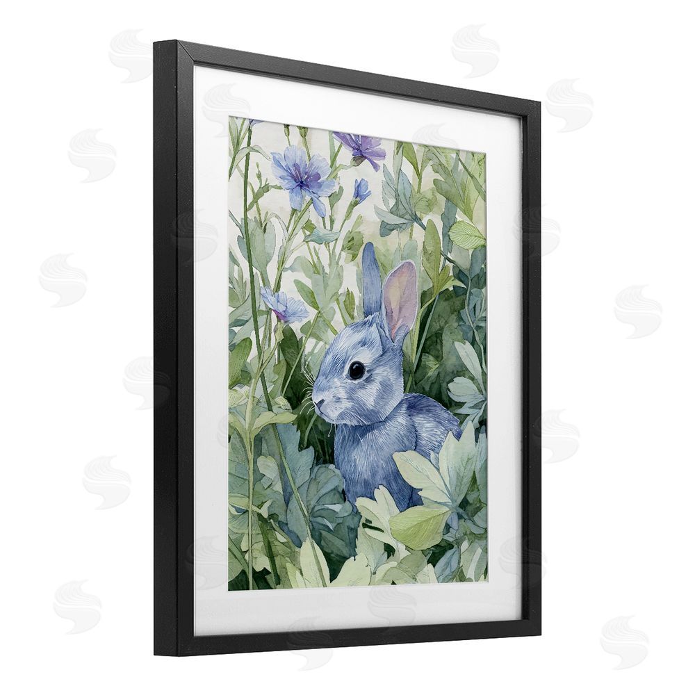 Franklyn Gregory Blue Bunny Among Leaves Black Framed Print Under Glass with Matting Wall Art