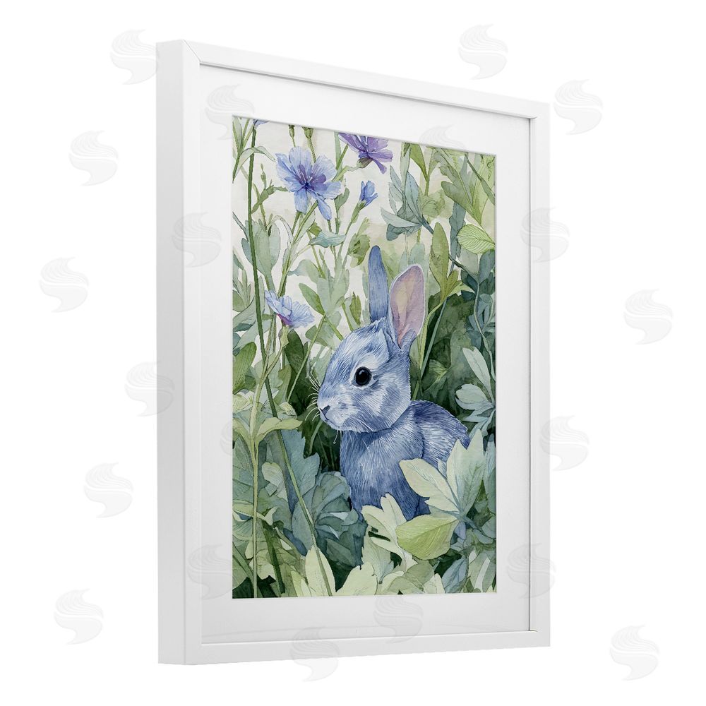 Franklyn Gregory Blue Bunny Among Leaves White Framed Print Under Glass with Matting Wall Art