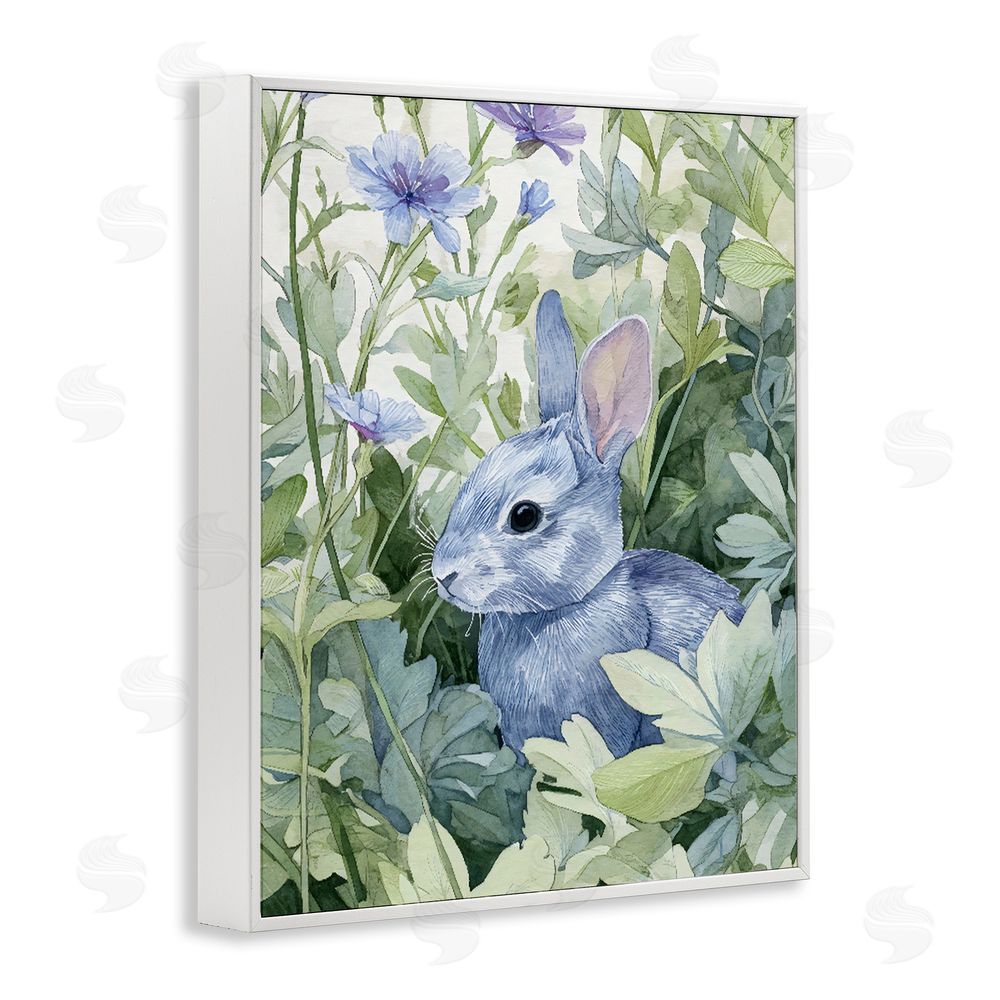 Franklyn Gregory Blue Bunny Among Leaves White Framed Giclee Wall Art Print