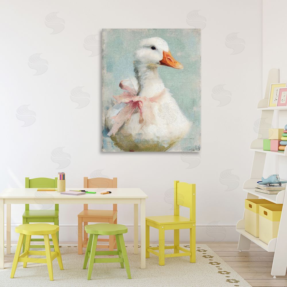 LSR Design Studio Soft Pink Bow Goose Stretched Canvas on Wall
