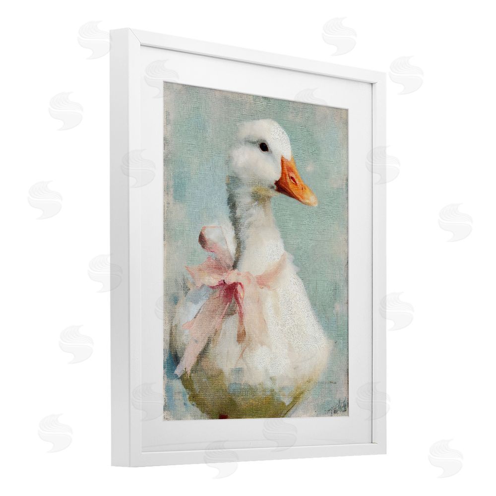 LSR Design Studio Soft Pink Bow Goose White Framed Print Under Glass with White Mat Wall Art