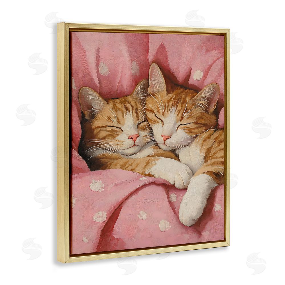 The Prints Vibe Sleeping Orange Cats Embrace Gold Floating Framed Canvas Wall Art Print