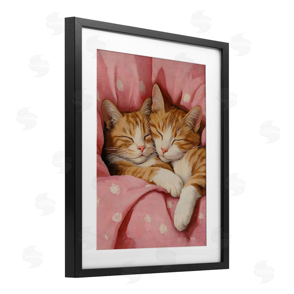 The Prints Vibe Sleeping Orange Cats Embrace Black Framed Print Under Glass with White Mat Wall Art