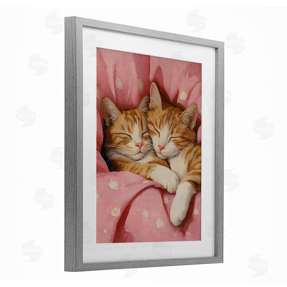 The Prints Vibe Sleeping Orange Cats Embrace Gray Framed Print Under Glass with White Mat Wall Art