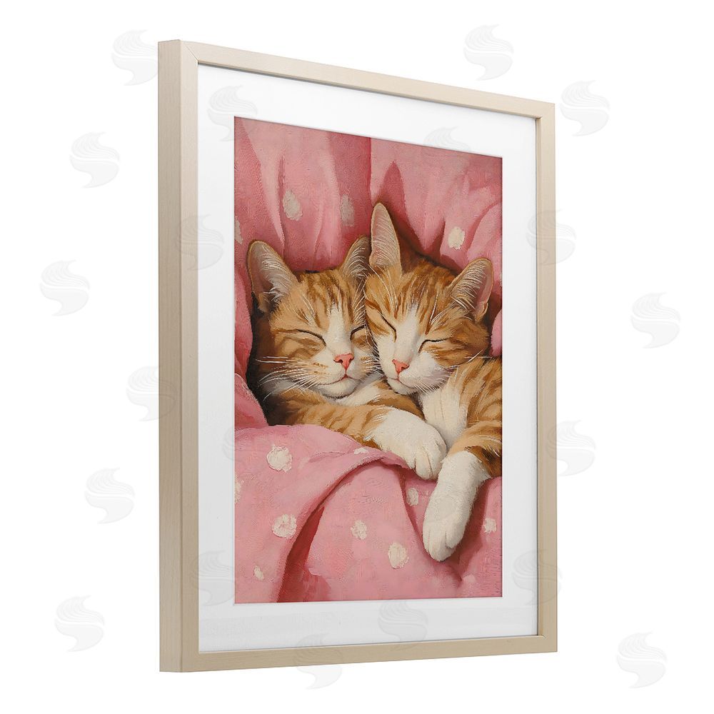 The Prints Vibe Sleeping Orange Cats Embrace Brown Framed Print Under Glass with White Mat Wall Art