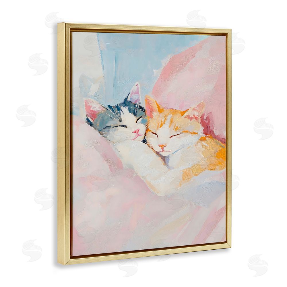 The Prints Vibe Sleeping Kittens Embrace Gold Floating Framed Canvas Wall Art Print