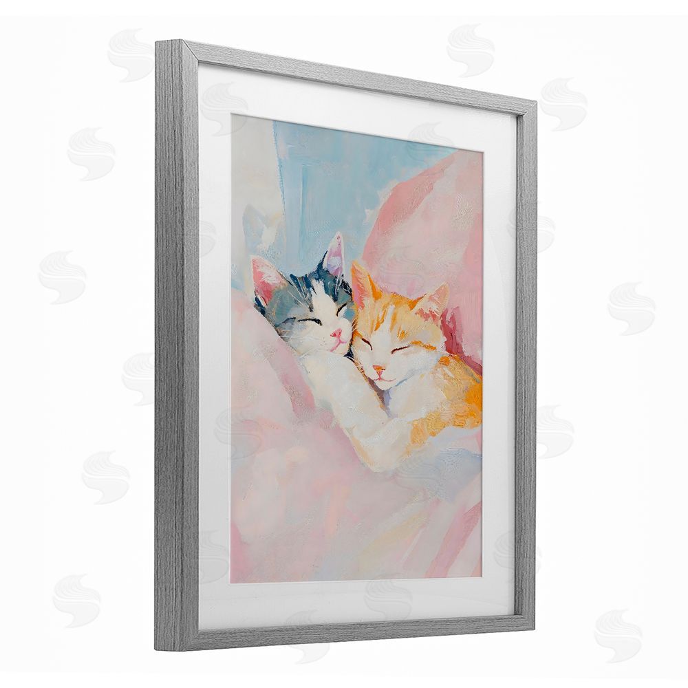 The Prints Vibe Sleeping Kittens Embrace Gray Framed Print Under Glass with White Mat Wall Art