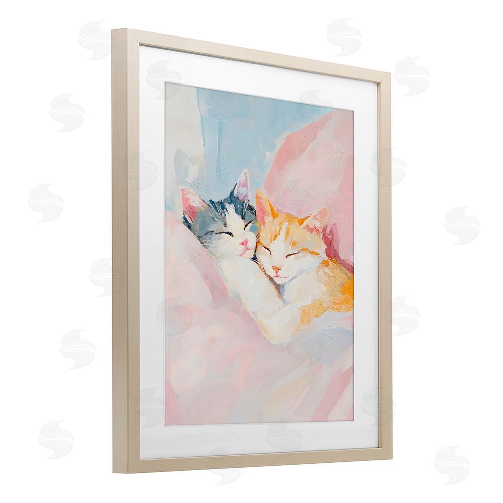 The Prints Vibe Sleeping Kittens Embrace Brown Framed Print Under Glass with White Mat Wall Art