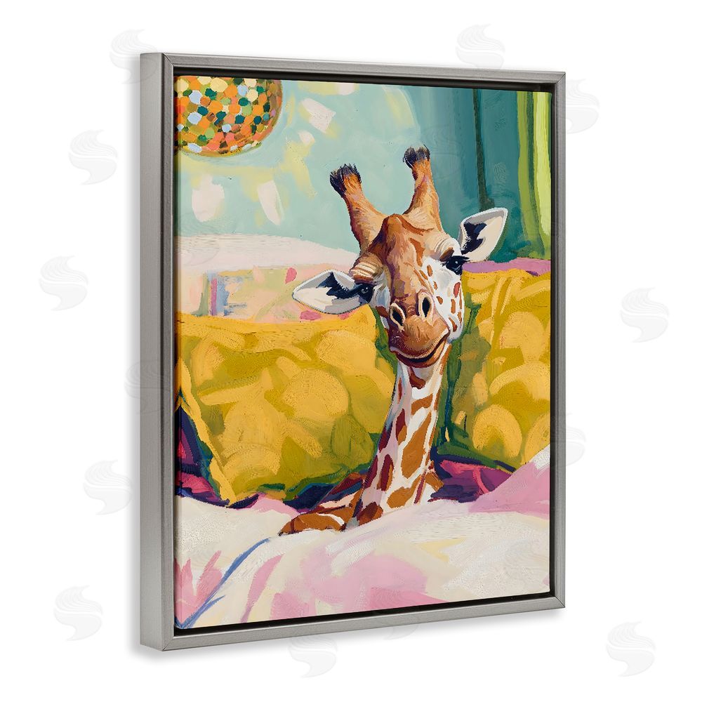 The Prints Vibe Cozy Giraffe in Bed Gray Floating Frame Canvas Wall Art Print