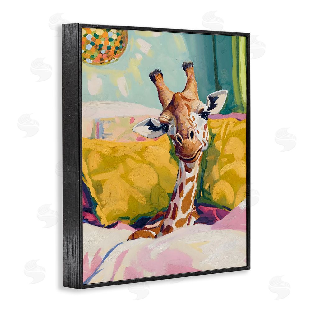 The Prints Vibe Cozy Giraffe in Bed Black Framed Giclee Wall Art Print