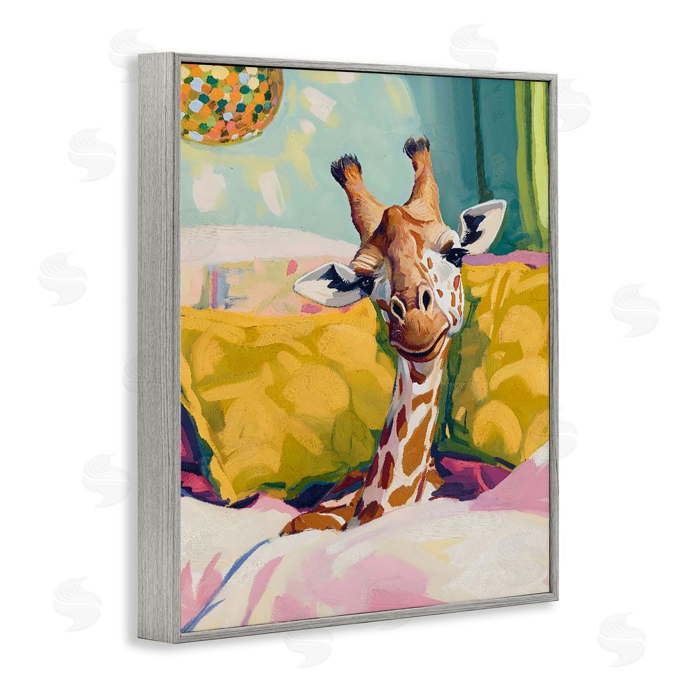 The Prints Vibe Cozy Giraffe in Bed Gray Framed Giclee Wall Art Print