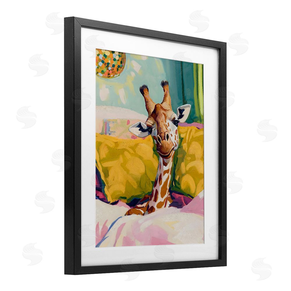 The Prints Vibe Cozy Giraffe in Bed Black Framed Print Under Glass Wall Art