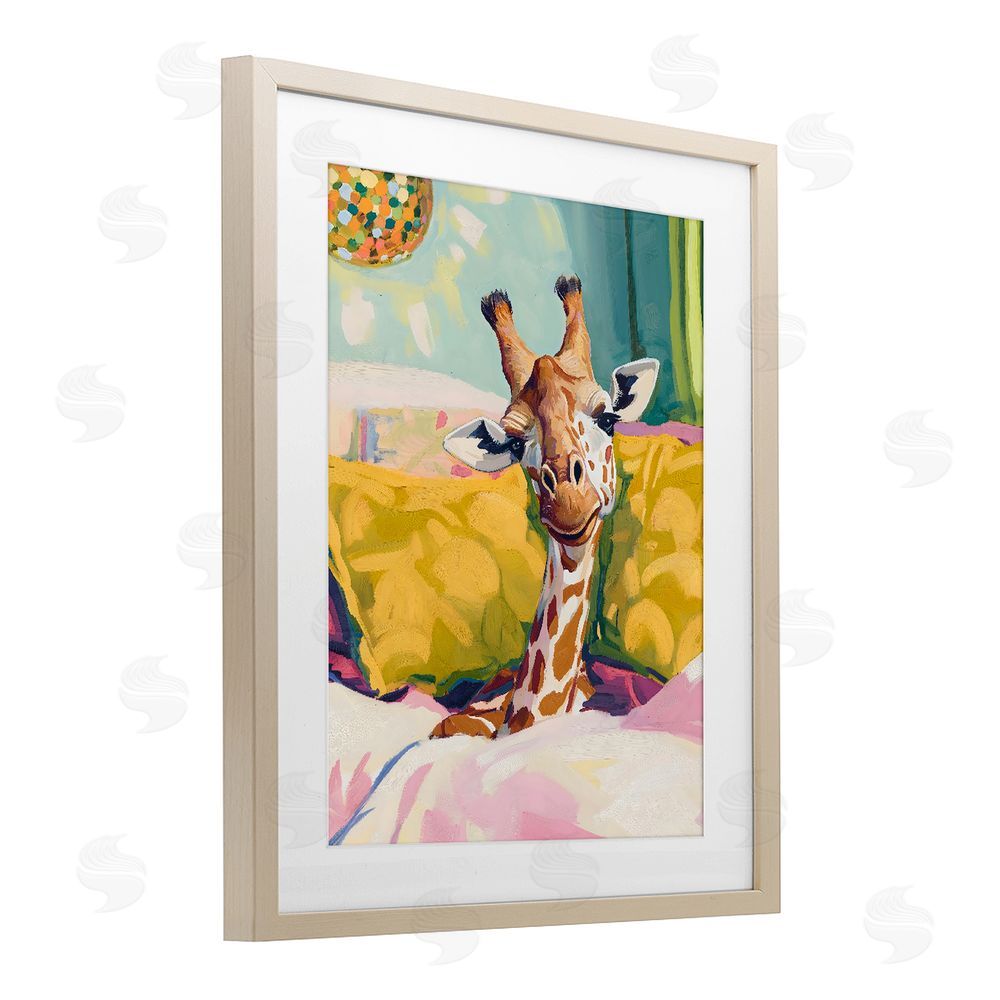 The Prints Vibe Cozy Giraffe in Bed Brown Framed Print Under Glass Wall Art