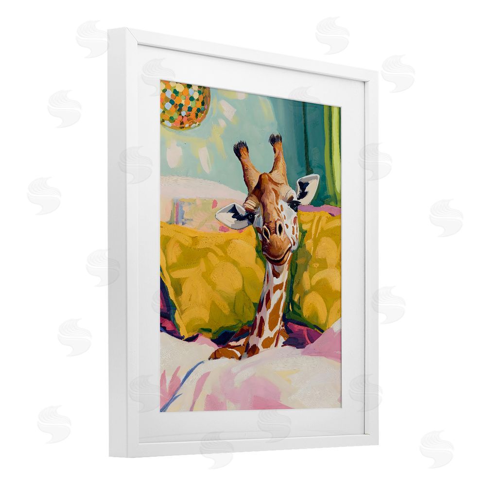 The Prints Vibe Cozy Giraffe in Bed White Framed Print Under Glass Wall Art