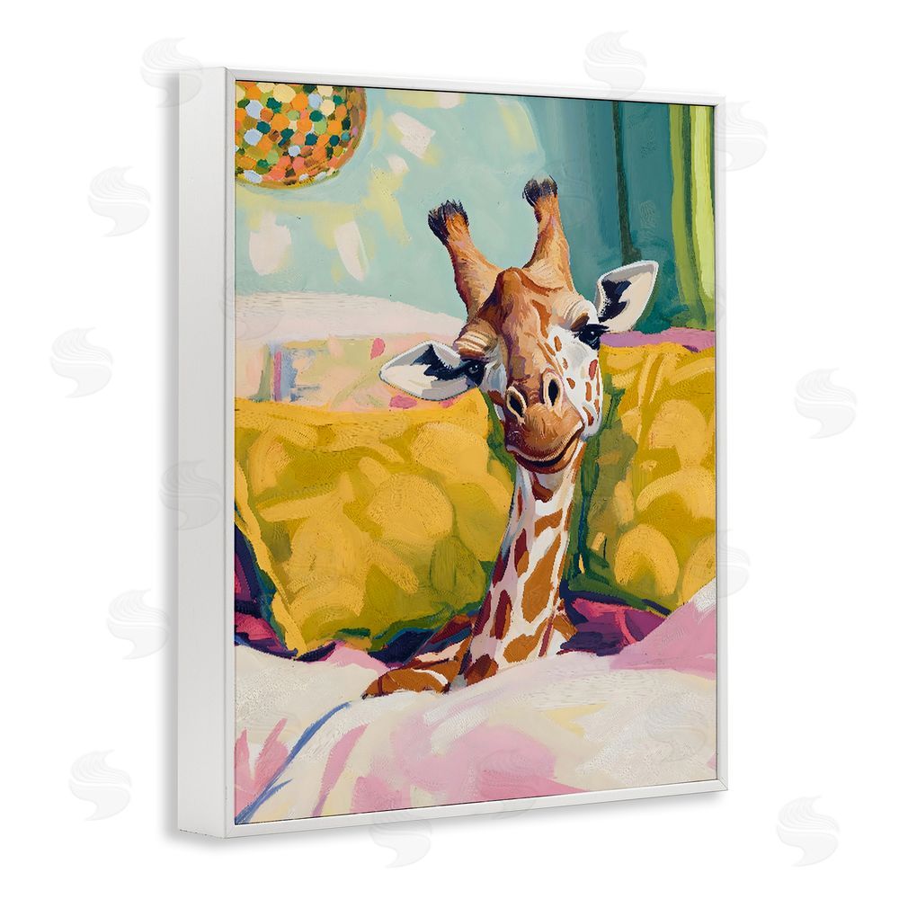 The Prints Vibe Cozy Giraffe in Bed White Framed Giclee Wall Art Print