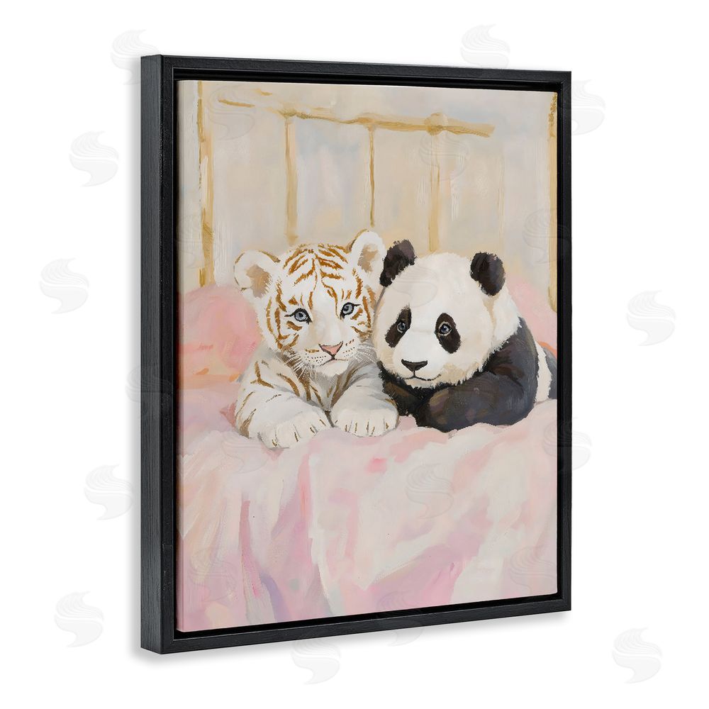 The Prints Vibe Baby Panda & Tiger Cuddles Black Floating Frame Stretched Canvas Wall Art Print