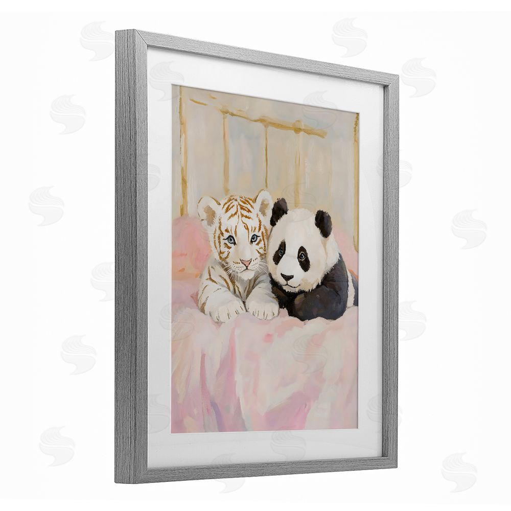 The Prints Vibe Baby Panda & Tiger Cuddles Gray Framed Print Under Glass with Matting Wall Art