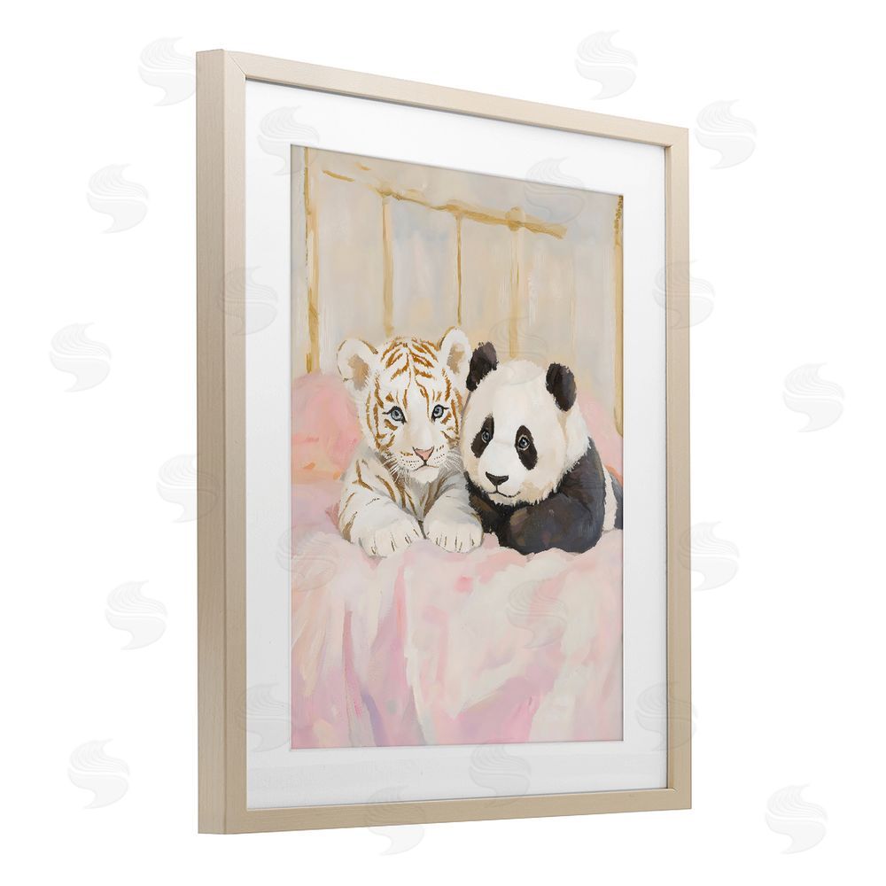 The Prints Vibe Baby Panda & Tiger Cuddles Brown Framed Print Under Glass with Matting Wall Art
