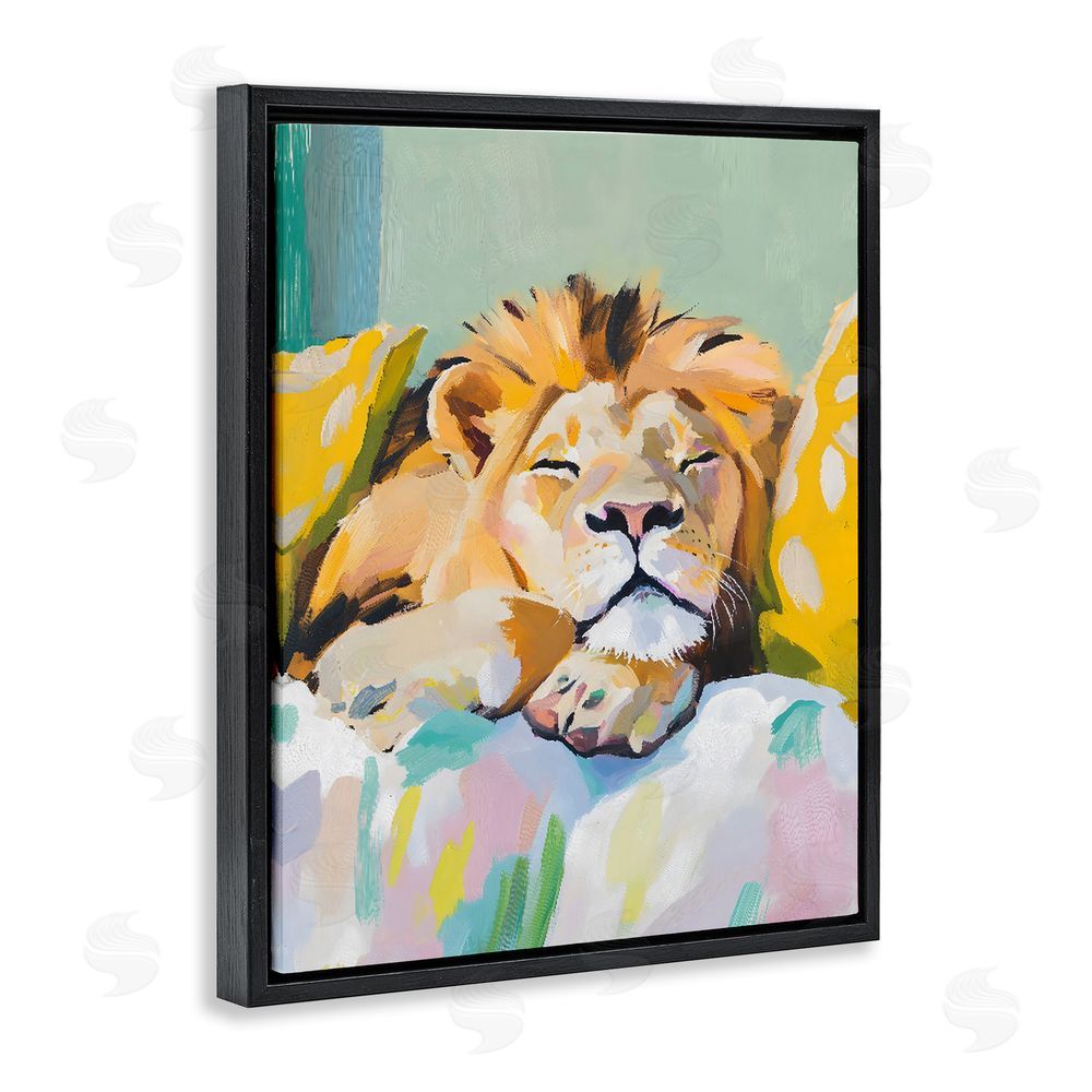 The Prints Vibe Sleeping Lion on Pastel Pillows Black Floating Framed Canvas Wall Art Print
