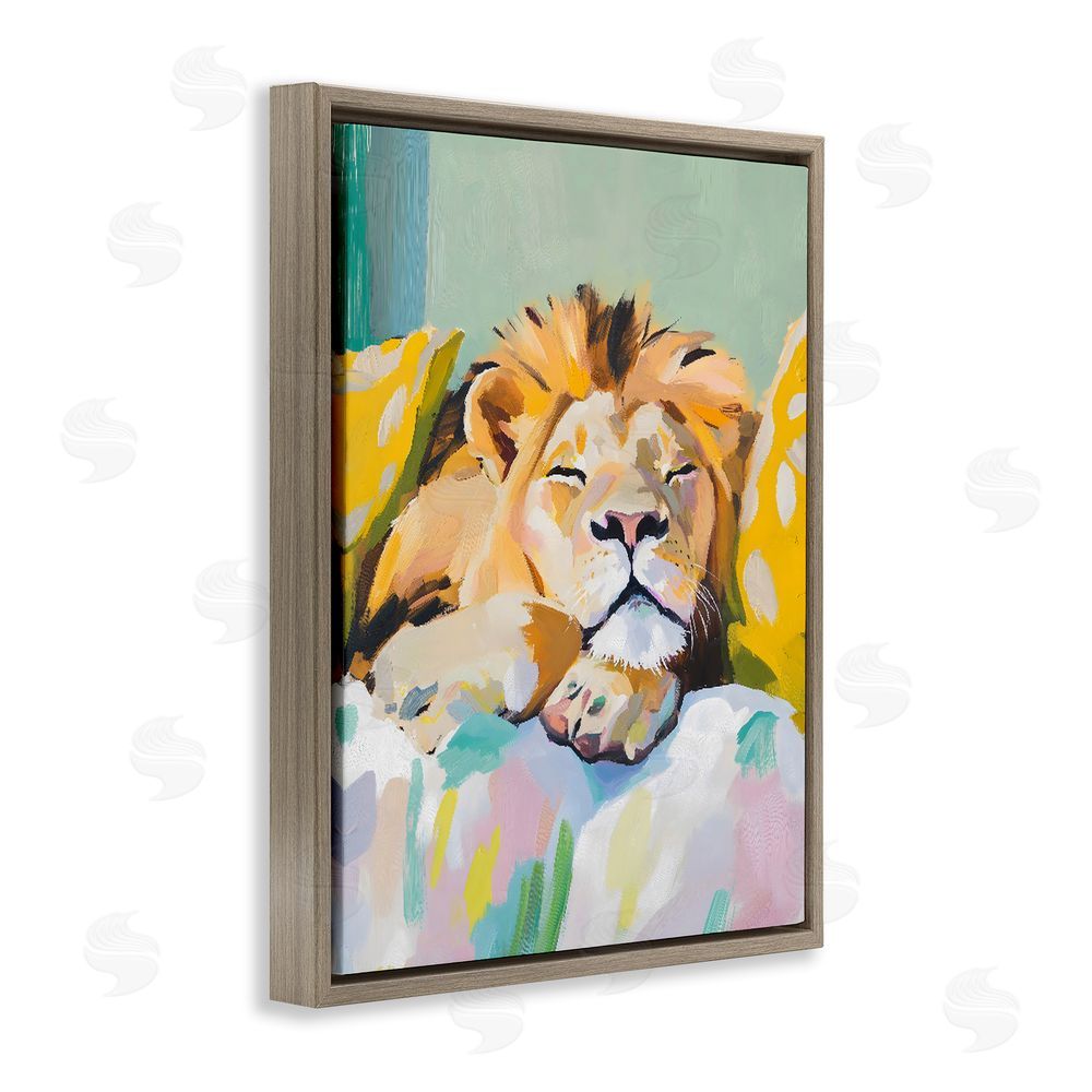 The Prints Vibe Sleeping Lion on Pastel Pillows Brown Floating Framed Canvas Wall Art Print