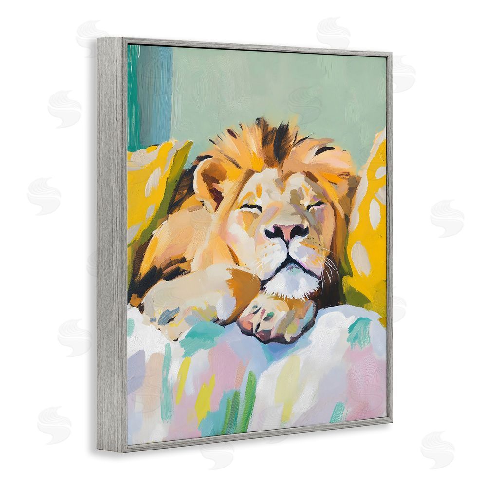 The Prints Vibe Sleeping Lion on Pastel Pillows Gray Framed Giclee Wall Art Print