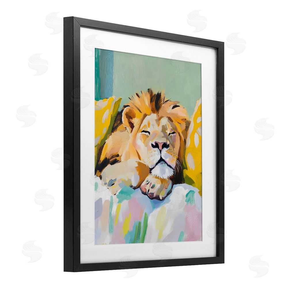 The Prints Vibe Sleeping Lion on Pastel Pillows Black Framed Print Under Glass with White Mat Wall Art